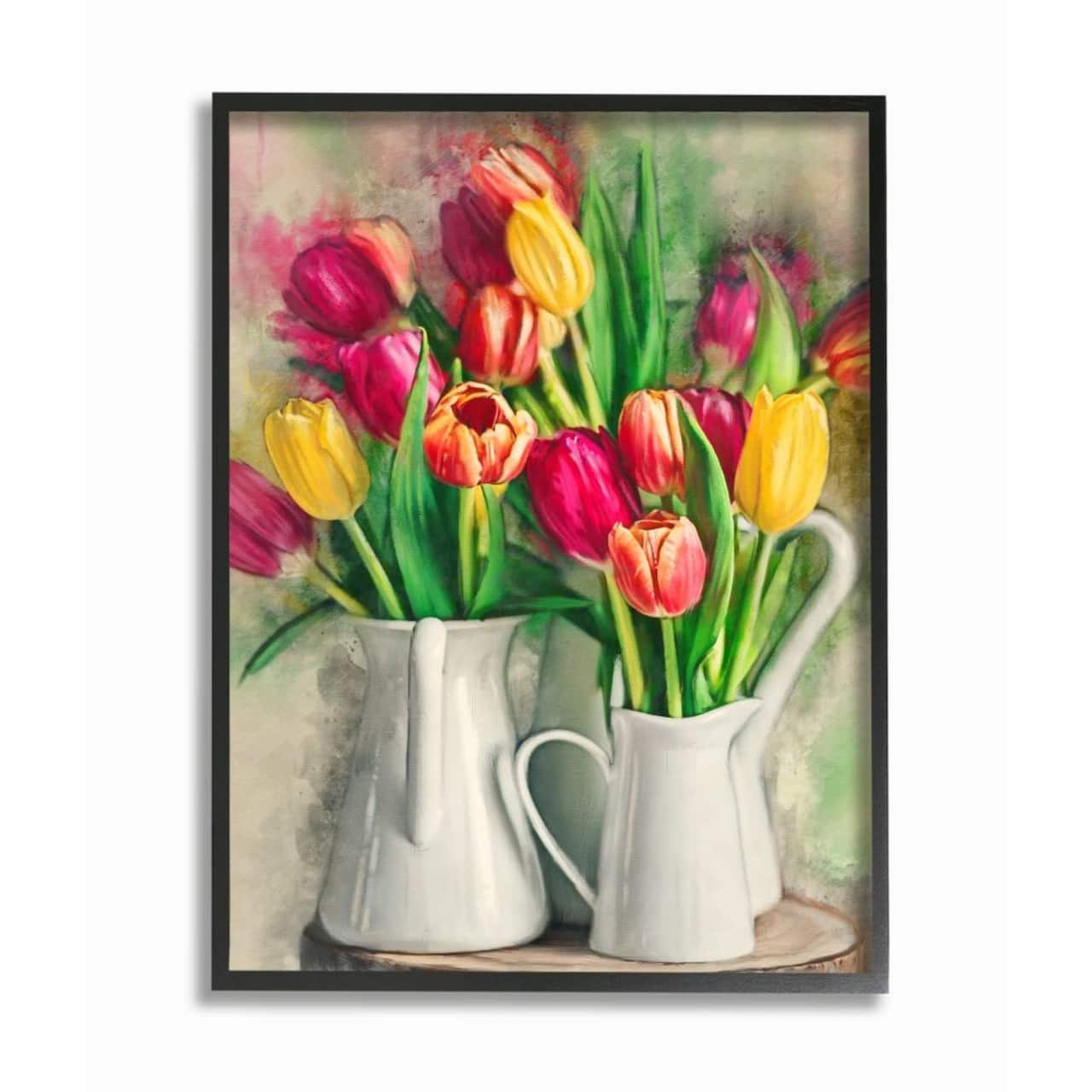 Stupell Industries Colorful Tulip Assortments in Farm Pitchers with Black Frame Wall Accent